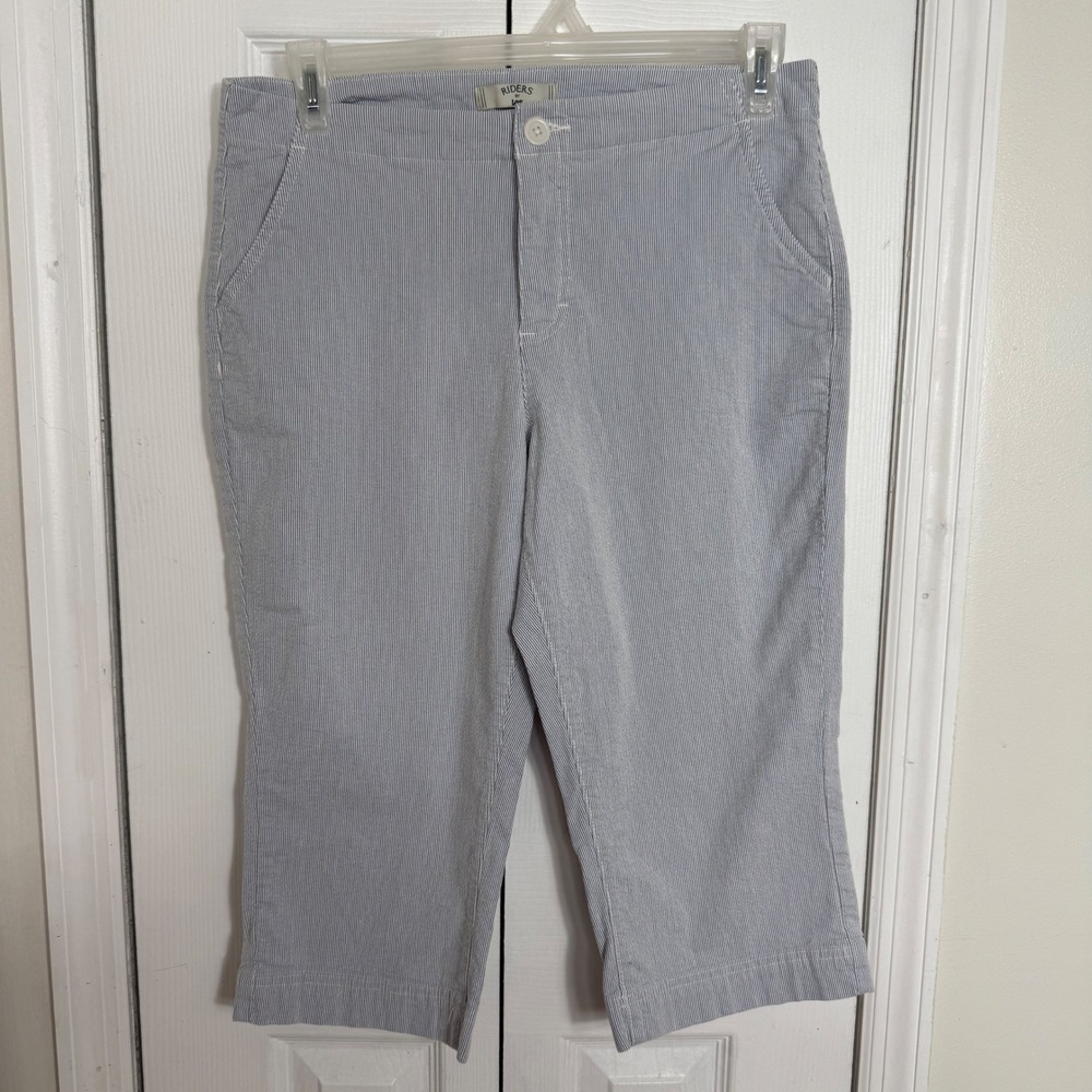 Riders by Lee Seersucker Capri‎ Pants 12 Blue White Pinstripe Coastal Preppy